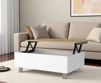 32" White And Oak Brown Wood and Metal Lift Top Coffee Table
