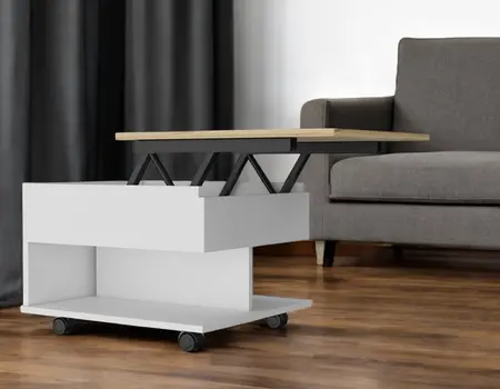 22" Natural And White Wood Lift Top Coffee Table With Two Shelves