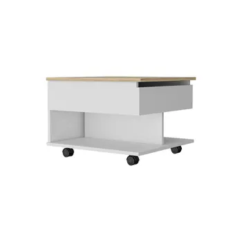 22" Natural And White Wood Lift Top Coffee Table With Two Shelves