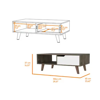 40" Brown And Brown and White Wood Coffee Table With Drawer And Shelf