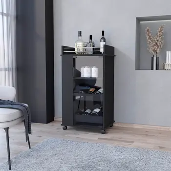 22" Black And Clear Wood And Glass Rolling Bar Cart
