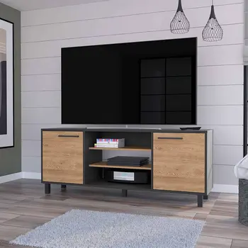 59" Black And Natural Wood Enclosed and Open Storage TV Stand