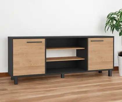 59" Black And Natural Wood Enclosed and Open Storage TV Stand