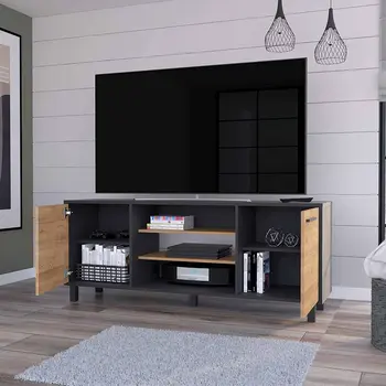 59" Black And Natural Wood Enclosed and Open Storage TV Stand