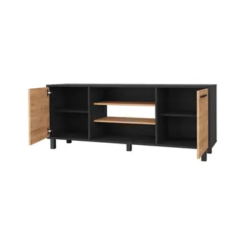 59" Black And Natural Wood Enclosed and Open Storage TV Stand