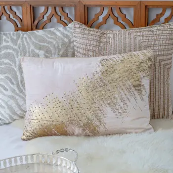 16" X 24" Gold Abstract Polyester Zippered Pillow With Beads