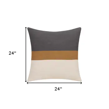 24" Dark Gray Brown And Off White Cotton Striped Throw Pillow