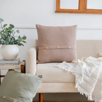 20" Brown Cotton Throw Pillow With Buttons