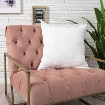20" X 20" White Cotton Zippered Down Pillow With Fringe
