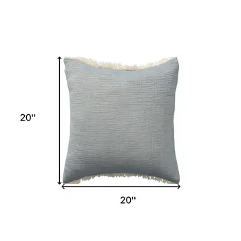 20" X 20" Blue Cotton Zippered Down Pillow With Fringe