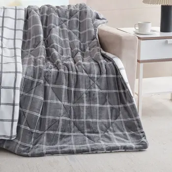 50" X 60" Gray and White Velvet Quilted Plaid Plush Throw Blanket