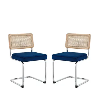 Set of Two Navy Blue and Silver Upholstered Velvet Dining Side Chairs