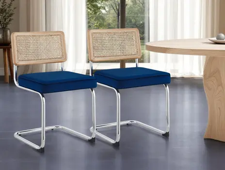 Set of Two Navy Blue and Silver Upholstered Velvet Dining Side Chairs