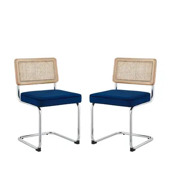 Set of Two Navy Blue and Silver Upholstered Velvet Dining Side Chairs