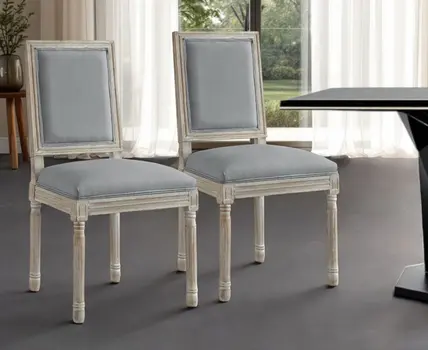 Set of Two Gray and Brown Upholstered Linen Dining Side Chairs