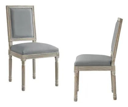 Set of Two Gray and Brown Upholstered Linen Dining Side Chairs