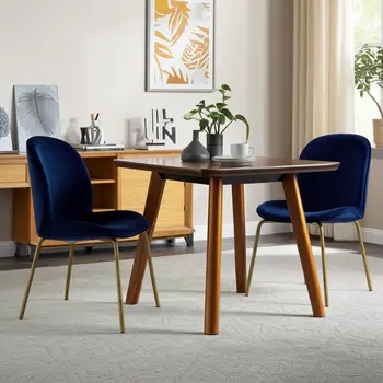 Set of Two Navy Blue And Gold Upholstered Velvet Dining Side Chairs