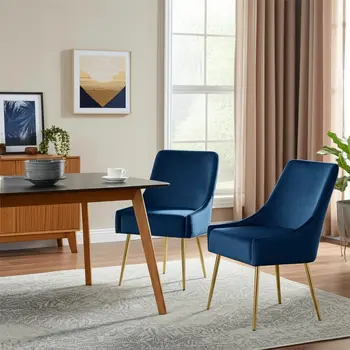 Set of Two Navy Blue And Gold Upholstered Velvet Dining Side Chairs