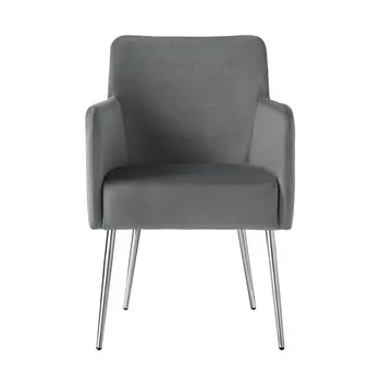 Set of Two Light Gray And Silver Upholstered Velvet Dining Arm Chairs