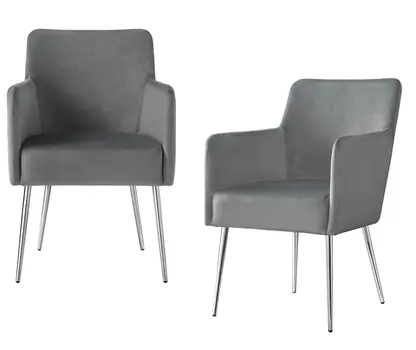 Set of Two Light Gray And Silver Upholstered Velvet Dining Arm Chairs