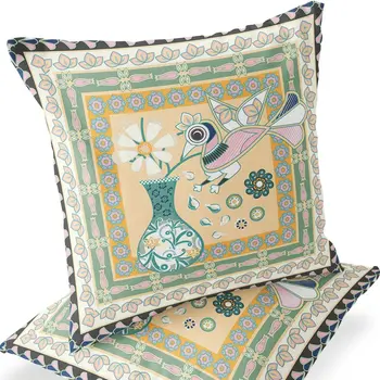 Set of Two 16" X 16" Beige and Green Peacock Blown Seam Floral Indoor Outdoor Throw Pillow