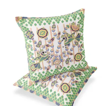 Set of Two 16" X 16" Green and White Peacock Blown Seam Floral Indoor Outdoor Throw Pillow
