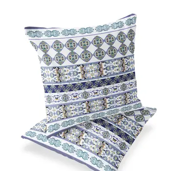Set of Two 16" X 16" Blue and White Striped Indoor Outdoor Throw Pillow