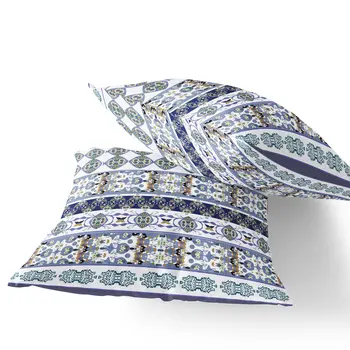 Set of Two 16" X 16" Blue and White Striped Indoor Outdoor Throw Pillow