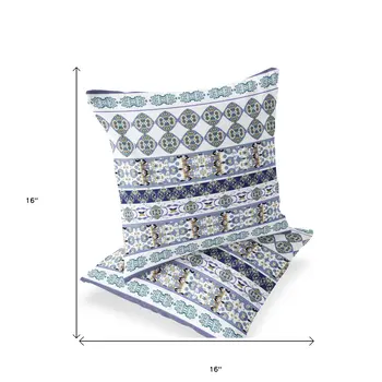 Set of Two 16" X 16" Blue and White Striped Indoor Outdoor Throw Pillow