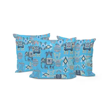 Set of Three 16" X 16" Blue and Gray Elephant Abstract Indoor Outdoor Throw Pillow