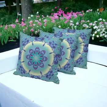 Set of Three Blue and Purple Abstract Indoor Outdoor Throw Pillow