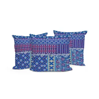 Set of Three 16" X 16" Blue and White Botanical Indoor Outdoor Throw Pillow