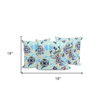 Set of Three 16" X 16" Blue and White Peacock Blown Seam Eclectic Indoor Outdoor Throw Pillow