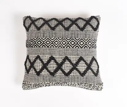 18" Beige and Black Diamond Cotton Blend Throw Pillow Cover