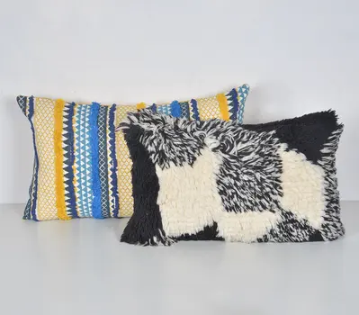 12" X 20" Beige and Black Abstract Cotton Blend Throw Pillow Cover With Shag