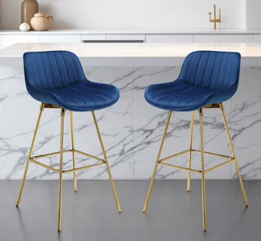 Set of Two 29" Blue and Gold Velvet and Metal Low Back Bar Height Swivel Bar Chairs