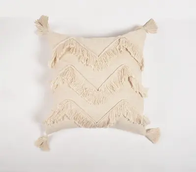 18" Off White Chevron Cotton Throw Pillow Cover With Fringe, Tassels