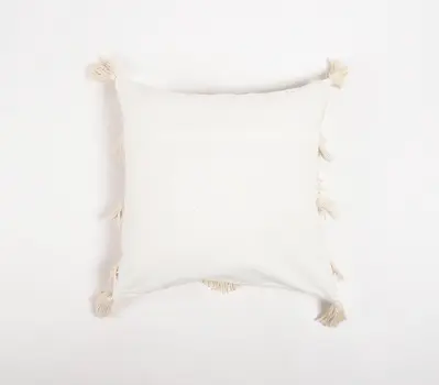 18" Off White Chevron Cotton Throw Pillow Cover With Fringe, Tassels