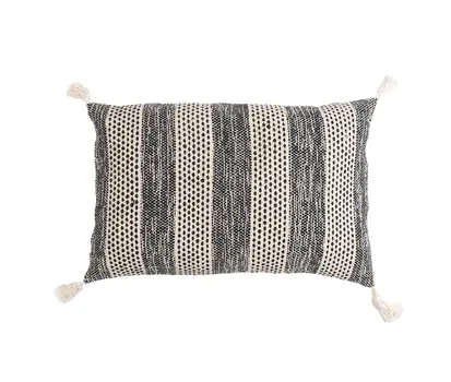 17" X 27" Beige and Black Striped Cotton Throw Pillow Cover With Tassels