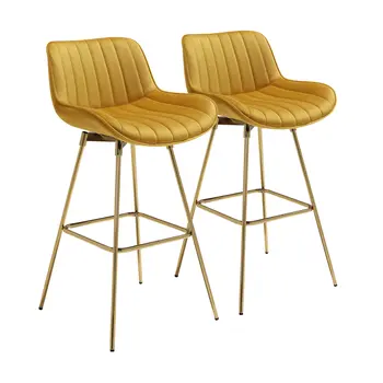 Set of Two 29" Yellow and Gold Velvet and Metal Low Back Bar Height Swivel Bar Chairs