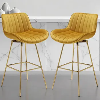 Set of Two 29" Yellow and Gold Velvet and Metal Low Back Bar Height Swivel Bar Chairs