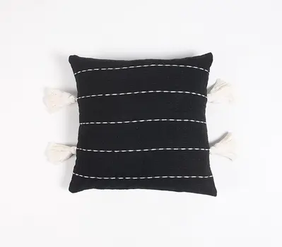 16" Gray and White Striped Cotton Throw Pillow Cover With Embroidery, Tassels