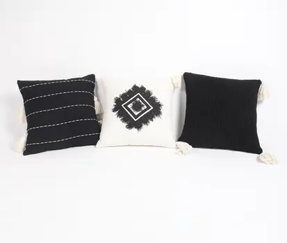 16" Gray and White Striped Cotton Throw Pillow Cover With Embroidery, Tassels
