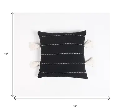 16" Gray and White Striped Cotton Throw Pillow Cover With Embroidery, Tassels