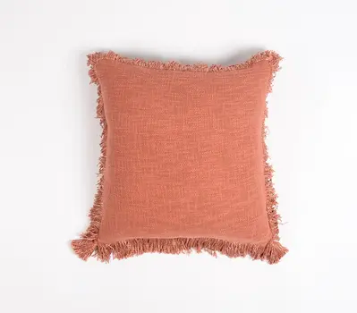 18" Maroon Cotton Throw Pillow Cover With Fringe