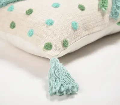 12" X 20" Blue and Green Chevron Cotton Throw Pillow Cover With Tassels, Tufts