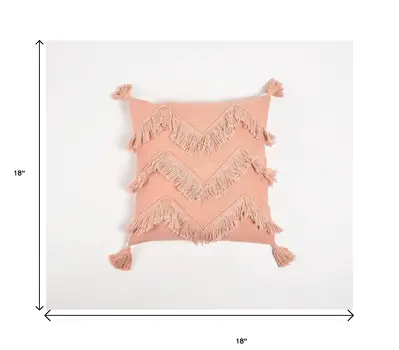18" Pink Chevron Cotton Throw Pillow Cover With Fringe, Tassels