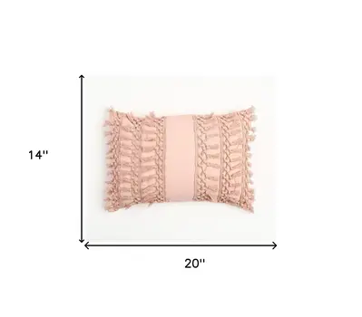 14" X 20" Pastel Pink Handmade Indoor Outdoor Throw Pillow Cover With Tassels