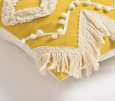 18" Yellow and White Zigzag Cotton Throw Pillow Cover With Embroidery and Fringe