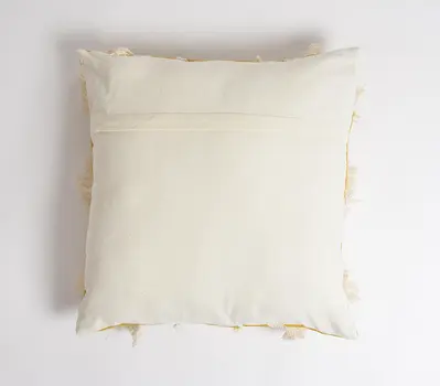 18" Yellow and White Zigzag Cotton Throw Pillow Cover With Embroidery and Fringe